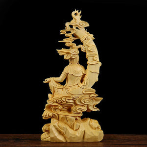 Hand Carved Wood Sculpture - Bodhisattva Avalokiteshvara In Water-Moon Form