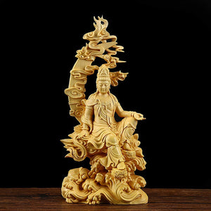 Hand Carved Wood Sculpture - Bodhisattva Avalokiteshvara In Water-Moon Form